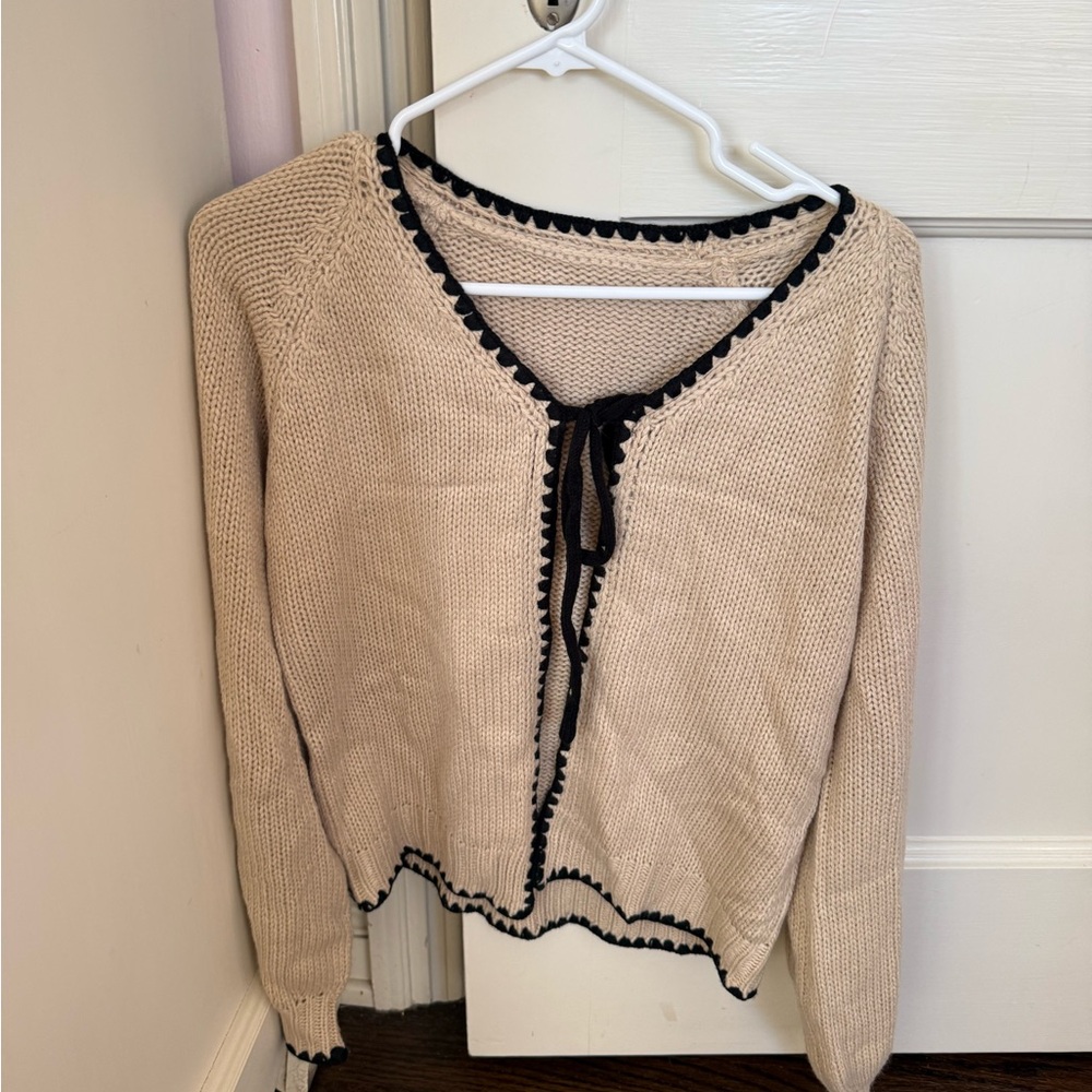 Women's Tan Sweater with Black Trim